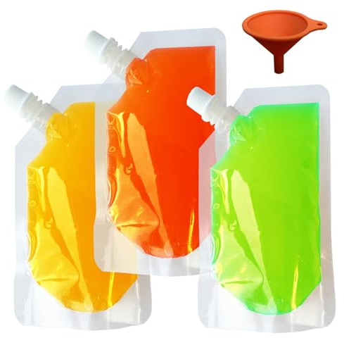 Yelinosk Paquete de 50 bolsas transparentes para bebidas de 250 ml con tapas y embudo para festivales, a prueba de fugas, bolsas de jugo de alcohol, bolsas de bebidas, petaca de plástico para fiestas,
