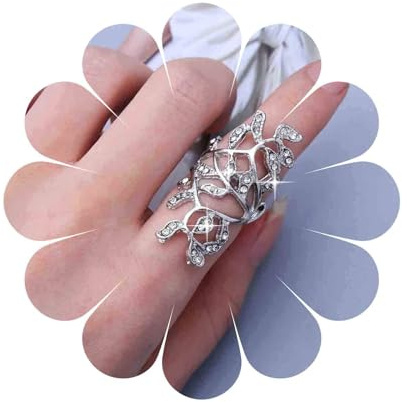 Aneneiceera Bague Boho Longue Feuille De Cristal Argent Cz Bague Pleine Doigt Strass Spirale Torsadée Longue Bague Grande Feuille Fleur Vintage Ajustable Statement Ring Bijoux Femmes Filles (argent)