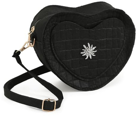 BOOMTOP Herztasche Oktoberfest Trachtentasche Herz Dirndl Handtaschen mit Edelweiß PU Leder Trachten Kostüm Accessoires Kunstleder Schultertasche Kleine Umhängetasche in Herzform Schwarz