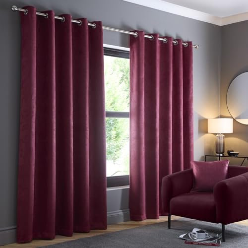 Fusion Strata Eyelet Curtains – W66 x L90 (168x229cm) – Wine Red – Thermal Drapes – 2 Panels – Dark Red Door Curtains – Bedroom & Living Room – Modern Style – Light Blocking Fabric