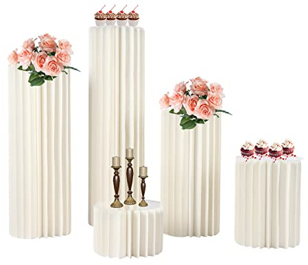 Faltbarer Tafelaufsatz aus Karton, 5 Stück, 7,9 Zoll + 15,7 Zoll + 23,6 Zoll + 31,5 Zoll + 39,3 Zoll, zylindrischer Blumenständer, Desserttisch, Hochzeits-Tafelaufsatz, Blumenständer für Geb