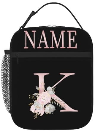 RoPox Bolsa de Almuerzo Personalizada, Lonchera Personalizada con Logotipo de Nombre, Bolsa térmica de Doble Compartimento con Hombro para niñas,niños y Adultos,Color Negro