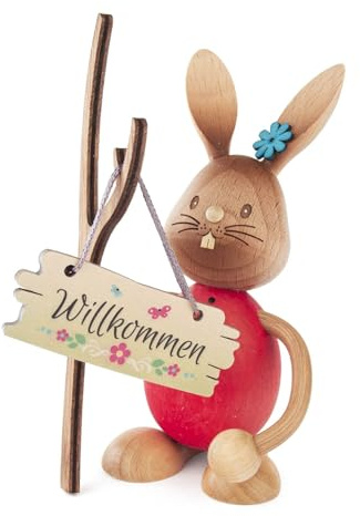 Rudolphs Schatzkiste Osterfigur Stupsi mit Schild Willkommen bunt Höhe 12cm NEU Osterhase Osterfigur Hoppel Meister Lampe Osterdeko Osterhasenfigur Ostern Korb Osterei Frühling Erzgebirge Seiffen