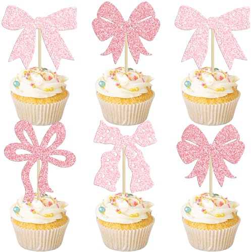 Ephlyn 24Pcs Pink Bow Cupcake Toppers Bow Birthday Cake Topper Girls Birthday Party Decorations Bowknot Cupcake Decorations for Bridal Baby Shower Birthday Wedding Themed Party Multi
