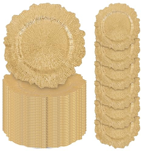 50 Pcs Gold Charger Plates Bulk, 13 Reef Plate Chargers for Dinner Plates, Plastic Floral Decorative Plates for Table Setting, Round Table Chargers for Wedding, Christmas, Party, Event, Decoration