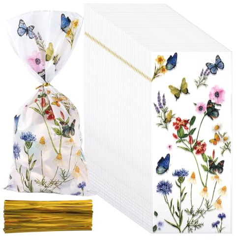 Tinoaly 50pz Sacchetti Regalo per Feste Fiori Selvatici, Sacchetti Trasparenti Caramelle a Forma Farfalla Floreale Fiori Campo Decorazioni per Feste Compleanno Snack e Biscotti