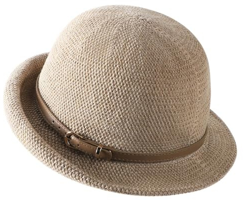 Women Straw Cloche Sun Hat Summer Church Hat Retro 1920s Round Beach Bowler Bucket Hats UPF 50+ Rolled Brim Travel Cap