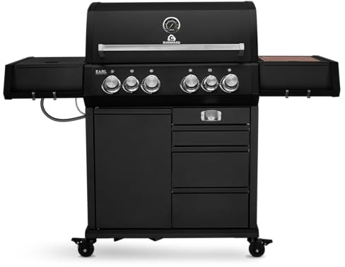 BURNHARD® Gasgrill 4-Brenner inkl. Heckbrenner, mit Gusseisen Grillrost | inkl. stabiler Abdeckhaube, Seitenkochfeld mit Infrarot Keramikbrenner, Schwarz, Big EARL