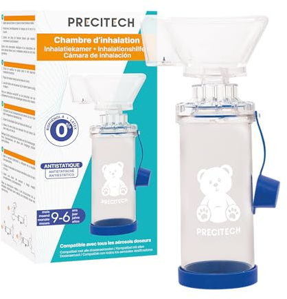 PRECITECH Chambre d'Inhalation BÉBÉ & ENFANT (9M-6A) - Masque silicone - Chambre antistatique - Compatibile avec tous les aérosols doseurs