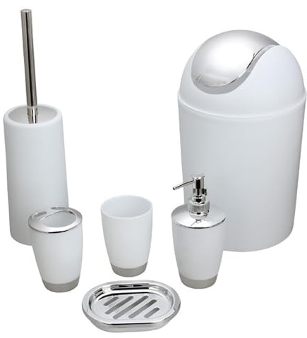 Ensemble de 6 Accessoires de Salle Bain en Plastique Blanc avec Poubelle, Brosse WC, brosses WC et Supports