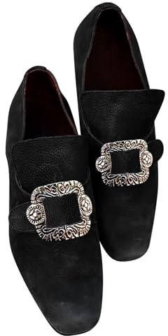 Mocassini da uomo vintage con fibbia, punta quadrata, scarpe formali, in stile barocco, con accento decorativo in metallo, design senza lacci, fodera morbida, calzature per costume retrò, Nero , 45 EU