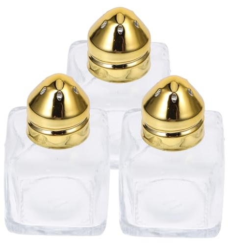 Garneck 3pcs Compact Glass Spice Jars with Gold Caps Space Saving Salt and Pepper Shakers for Kitchen Condiment Organization and Easy Seasoning Control