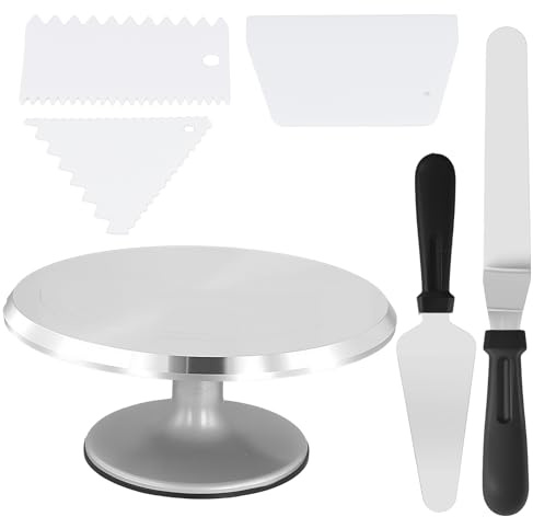 SYUTBOU Tårtfat i aluminiumlegering roterbar, 30,7 cm roterande tallrik tårta med 3 degskrapor och 2 tårtknivar, roterande tårtfat för tårtdekoration, bakning