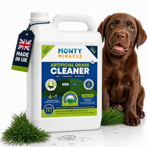 Monty Miracle Artificial Grass Cleaner - Pet Safe Dog Urine Odour Eliminator - Super Concentrate - UV Protection De-Brittle Technology - BS EN 1276 Certified - UK Made Fresh Cut Grass Scent (2L)
