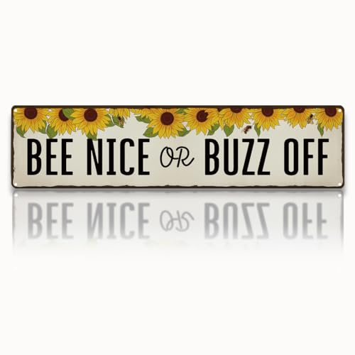 Honey Garden Metal Tin Sign, Funny Vintage Farmhouse Decor, Bee Nice or Buzz Off Sign, for Yard Fence Door Porch, Indoor Outdoor Garden Decoration, Ideal for Bee Lovers, 15.7 x 3.9 Inches