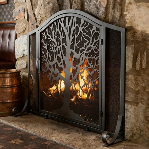 Fireplace Screen With Doors, Wrought Iron Mesh Fire Spark Guard With Leaf Pattern For Living Room, 37.8 W X 29.8 H Metal Fire Place Protector Gate, Indoor Children Pet Safety