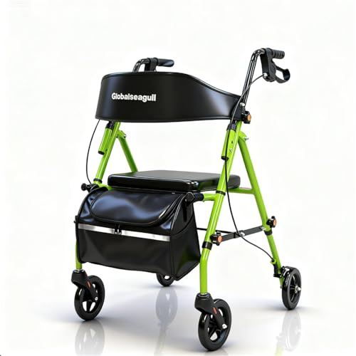 Globalseagull Rollator für Senioren, Faltbar Leicht mit Sitz,Grün | Bis 159kg belastbar, 8,5kg leicht, höhenverstellbar 76-91cm, 360° Geländeräder mit Federung, Tasche, für Innen und Außen