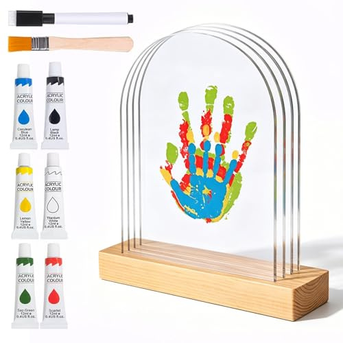 Impronta Mani e Piedi Neonati, SGZIOO Kit Impronte Mani Famiglia con spazio per 5, Non Tossico e Lavabile, Pannelli In Plexiglas, Base In Legno, Impronta Zampa Cane Ideale per Realizzare