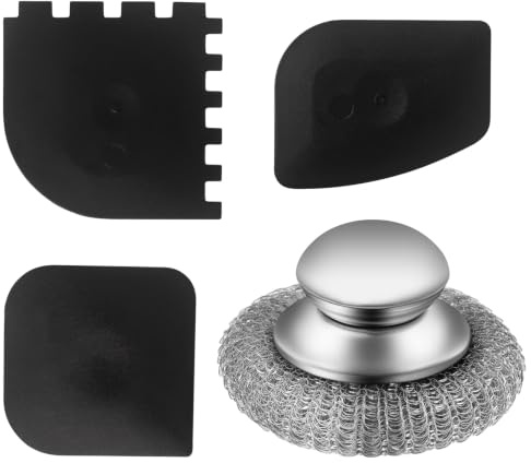 Tazoueoo Cast Iron Scraper and Metal Scrubber Set, 4-Piece | Non-Scratch Pan Scraper Tool & Stainless Steel Dish Scrubber with Handle for Skillets, Griddles & Grill Pans