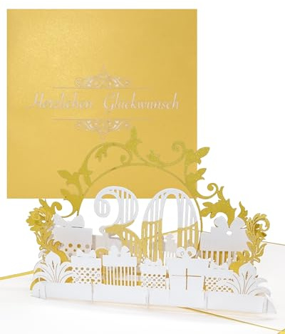 Pop Up Karte 30 in edlem Gold & Weiß - zum 30.Geburtstag & zur Perlenhochzeit - 3D Geburtstagskarte & Glückwunschkarte Jubiläum