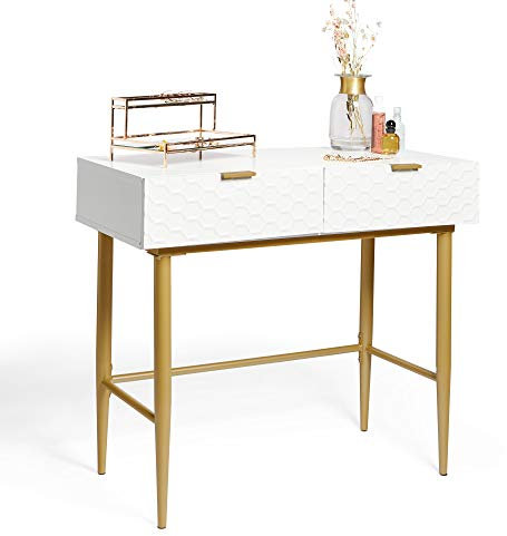 Beautify BTFY White Dressing Table for Bedroom - Honeycomb Design Vanity Desk with Drawers - Make Up Desk with Glossy Lacquer Finish - Geometric Console Table, Gold Legs & Handles - For Home Office