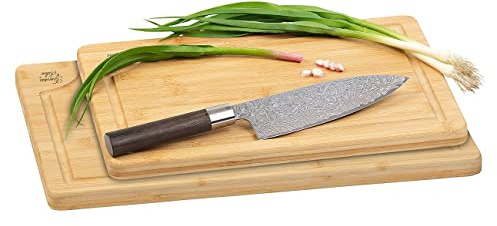 Rosenstein & Söhne Holzbrett Küche: 2er-Set Bambus-Schneidebretter mit Saftrille, verschiedene Größen (Holzbrett Küche groß, Käseschneidebretter)
