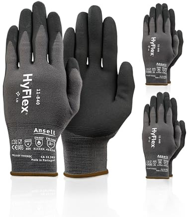 Ansell HyFlex 11-840 Ergonomic Abrasion-Resistant Nylon Spandex Nitrile Coated Industrial Gloves for Automotive, Fabrication - Small (7) Grey (3 Pairs)