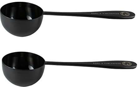 Honey Bear Kitchen Juego de 2 cucharas medidoras de acero inoxidable pulido negro de 30 ml, 2 cucharadas