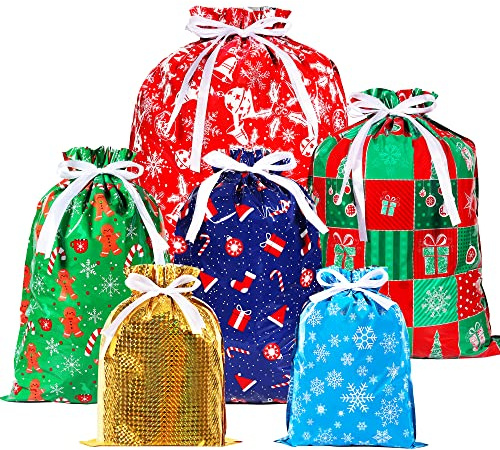 36 Stück Groß Geschenkbeutel mit Kordelzug, Geschenktüten Weihnachten Verschiedene Größen, 4 Größen 6 Styles, Wiederverwendbare Weihnachtsverpackungen für Weihnachten, Party