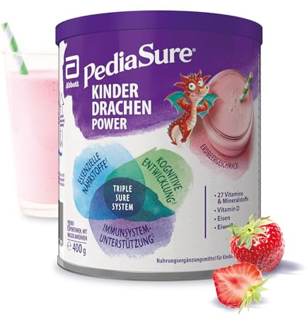 Pediasure Kinder Drachen Power Erbeere 400g - für Kinder ab 3 Jahren | 27 Vitaminen & Mineralien, Protein, Triplesure Komplex für: Wachstum, Immunität, Kognitive Entwicklung