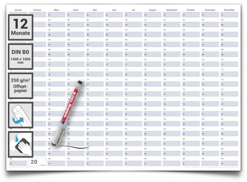 Dauerkalender DIN B0 XXL 140×100 cm – großer abwischbarer Jahresplaner, Projektplaner & Geburtstagskalender – wiederverwendbar, Deutsch, inklusive Marker – Gigatime®
