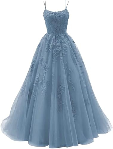 Sincemeet Damen Ballkleid aus Tüll mit Spaghettiträgern Lange Spitzenapplikationen Ballkleider A Linie formelle Party Abendkleider Ballkleider Damen Lang