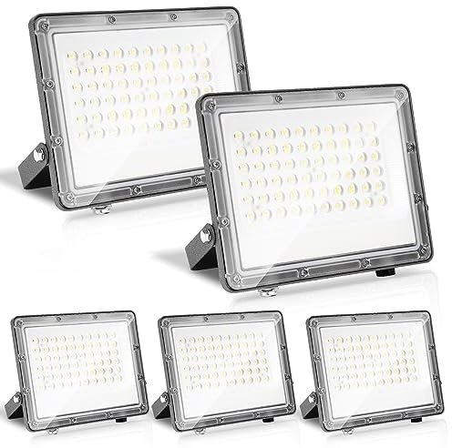 Ikodm Focos Led Exterior 50W, Iluminación de Seguridad, Proyector LED Super brillante 4950LM, IP65 impermeable 6000K blanco frío Floodlight Reflector Spotlight para jardín, garaje, 5 pieces, no plug