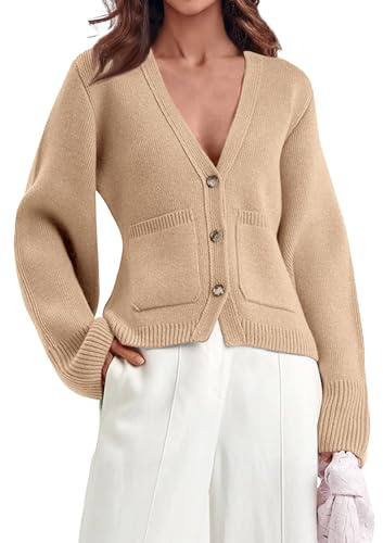 Saodimallsu Womens Deep V Neck Cardigan Sweaters Open Front Button Down Long Sleeve Cropped Knit Coats with Pockets Khaki