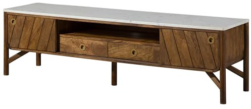 MASSIVMOEBEL24.DE | LOS Angeles TV-Board aus Massivholz #103 | aus Mangoholz - braun/weiß geölt | 180x45x50 cm | 5 Fächer + 2 Schubladen | Schiebetüren | Lowboard mit weißer Marmor Platte