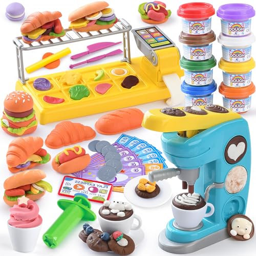 PLAY Knete Set für Kinder - DIY Knetspaß Café Knete Zubehör, Kinderknete Kitchen Creations Kaffeemaschine Kinder Knete mit 8 Dosen Knetmasse, Spielzeug Geschenk Mädchen & Junge 3-10 Jahre…
