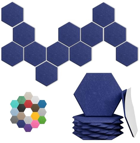 UNECHO Lot de 12 panneaux acoustiques hexagonaux d'absorption acoustique haute densité pour studio d'enregistrement, chambres à coucher, 30,5 x 25,4 x 1 cm, bleu