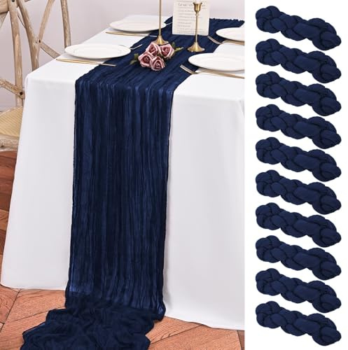 Teruntrue Lot de 10 chemins de Table Bleu Marine en étamine, Chemin de Table bohème de 3 m de Long, Chemin de Table en Gaze pour fête d'anniversaire, Festival, décoration de Mariage (Bleu Marine)
