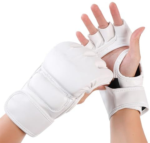 1 Paire Gants de Boxe pour Hommes et Femmes, Demi-Doigt Sac de Frappe Paume Ouverte Gants de Maintien de Poignet Combat Kickboxing Sparring Gant pour Arts Martiaux Muay Thaï MMA (Blanc)