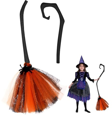 Toyhood Escoba de Bruja de Halloween, 97cm Palo de Escoba de Bruja Escoba de Halloween Cosplay Disfraces Accesorios para Niños Adultos Decoración de Halloween (Naranja)