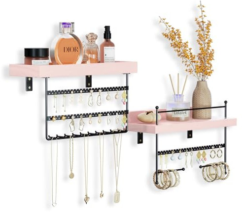Lolalet Hanging Jewelry Organiser Wall Mount Organizer with Earrings Bracelets Necklaces Hooks, Easy Install Free Combination Jewelry Holder for Wall Bathroom - Set of 2, Pink