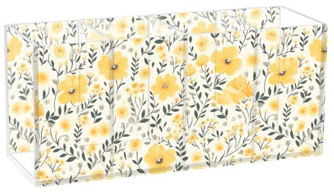 CHIFIGNO Niedlicher Stifthalter aus Acryl mit gelben Blumen, 4 Fächer, Stifthalter für Schreibtisch, Make-up, Pinselhalter, niedlicher Marker-Halter für Büro, Klassenzimmer, Zuhause