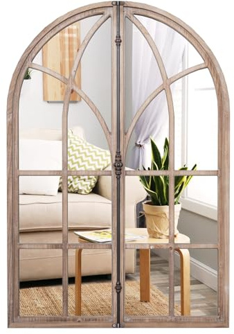 COSTWAY Arched Window Wall Mirror, 88x60cm Farmhouse Decorative Mirror Hanging Accent Mirrors with Hooks, Rustic Wooden Frame Wall Mounted Mirror Windowpane Decoration for Living Room Hallway