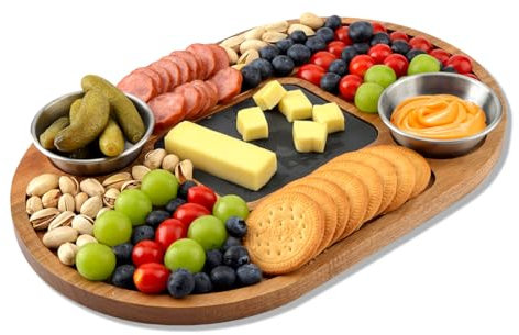 WLWNWFT Tabla de servir de madera de acacia con pizarra de 36 x 24 cm para aperitivos de carne y queso