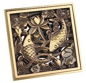 JNHGSHUAISDF Abdeckung für Duschablauf Abflussgitter, Bodenablauf, quadratischer 4-Zoll-Duschbodenablauf, antiker Kupferbodenablauf, Vintage-Fisch-Lotus-Muster, Siebabdeckungsgitter for Badezimmer
