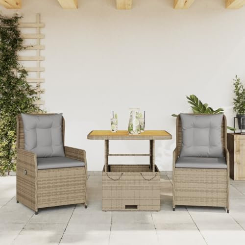Homgoday Bistro-Set 3-teilig mit Kissen in Beige aus Polyrattan, Gartenmöbel, Tisch und Stühle für den Außenbereich, Modell 3262771