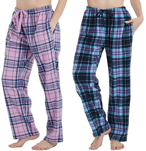 iceBoo Women’s Fleece Pyjama Bottoms (Pack of 2) Lilac Check & Navy Check Lounge Pants with Pockets & Adjustable Drawstring Waist – Size 20/22
