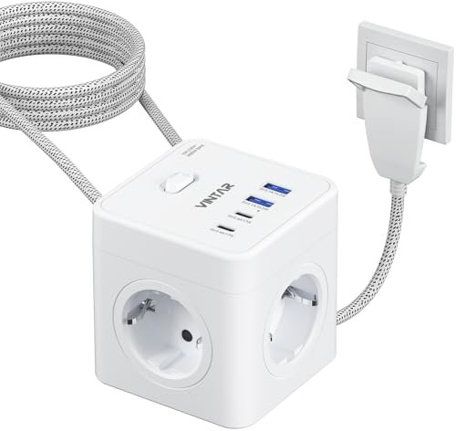 VINTAR 8 en 1 regleta de enchufes Enchufe Plano,4 Compartimento Toma de Corriente múltiple con 2 Tipo-C y 2 USB A,sockets 3680W con 2M Trenzado para Cable Oficina, hogar