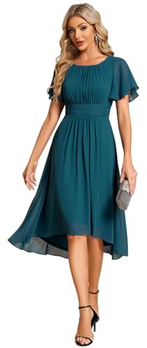 Ever-Pretty Abito da Cerimonia Donna Maniche a Volant Chiffon Pieghe al Ginocchio Abito da Sera Elegante Teal 44