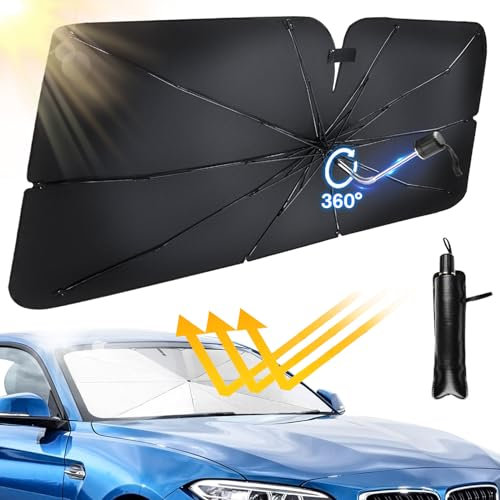 Wilkpow Parasole Auto 140*79cm Ombrello Pieghevole Antivento, Anti-UV e Blocco Calore, Girevole a 360°, Portatile per Maggior Parte dei Veicoli